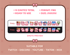 Pink Cat Twitch emote pack preview displaying all 10 emotes with format and size information.