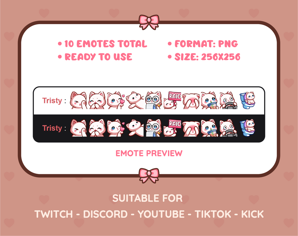 White Cat Twitch emote pack preview displaying all 10 emotes with format and size information.