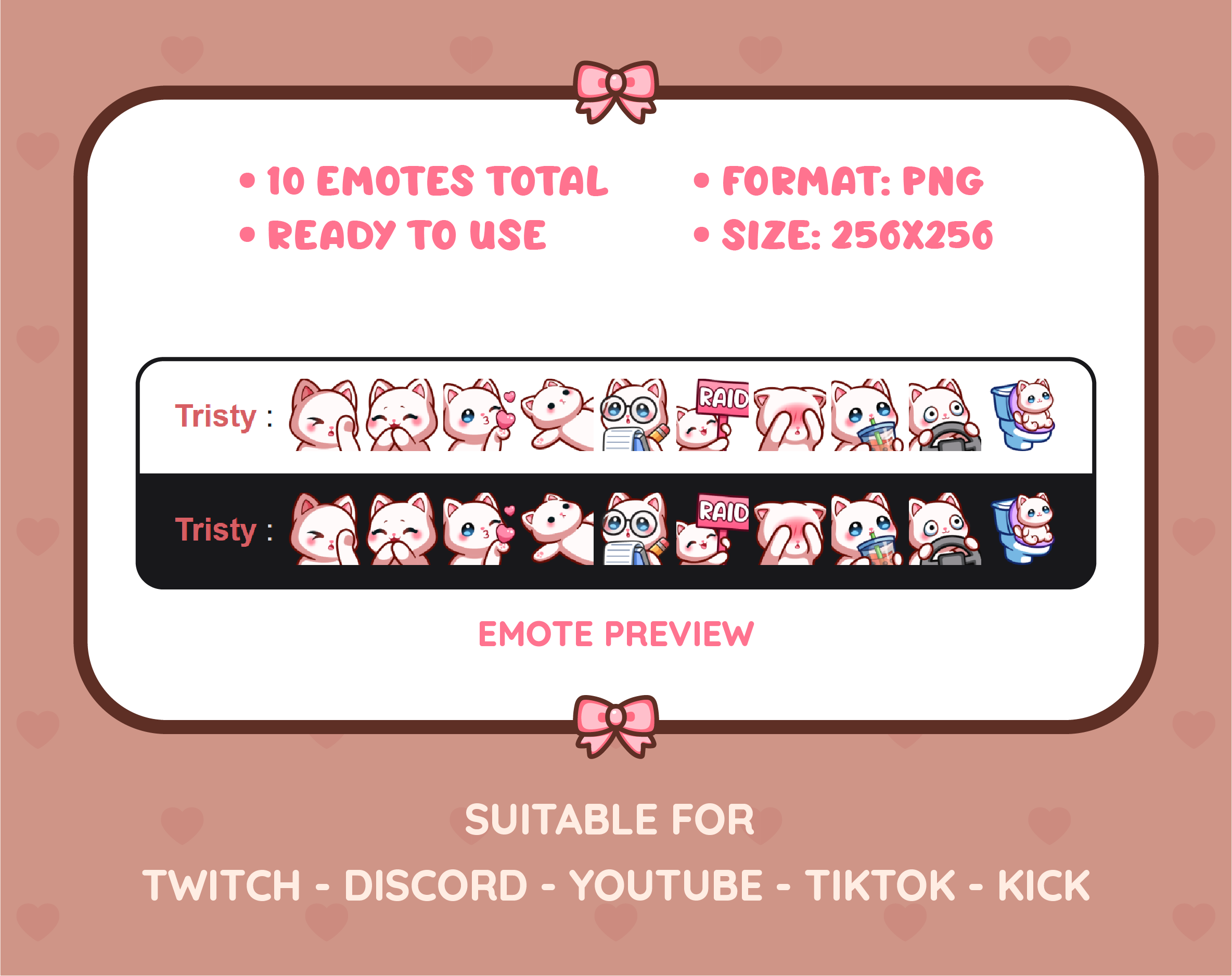 White Cat Twitch emote pack preview displaying all 10 emotes with format and size information.