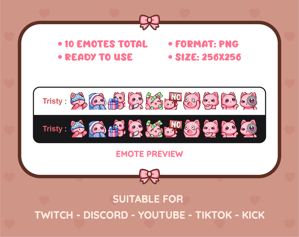 Pink Cat Twitch emote pack preview displaying all 10 emotes with format and size information.