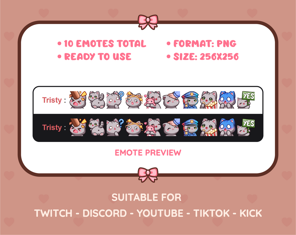 Gray Tabby Cat Twitch emote pack preview displaying all 10 emotes with format and size information.