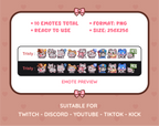 Gray Tabby Cat Twitch emote pack preview displaying all 10 emotes with format and size information.