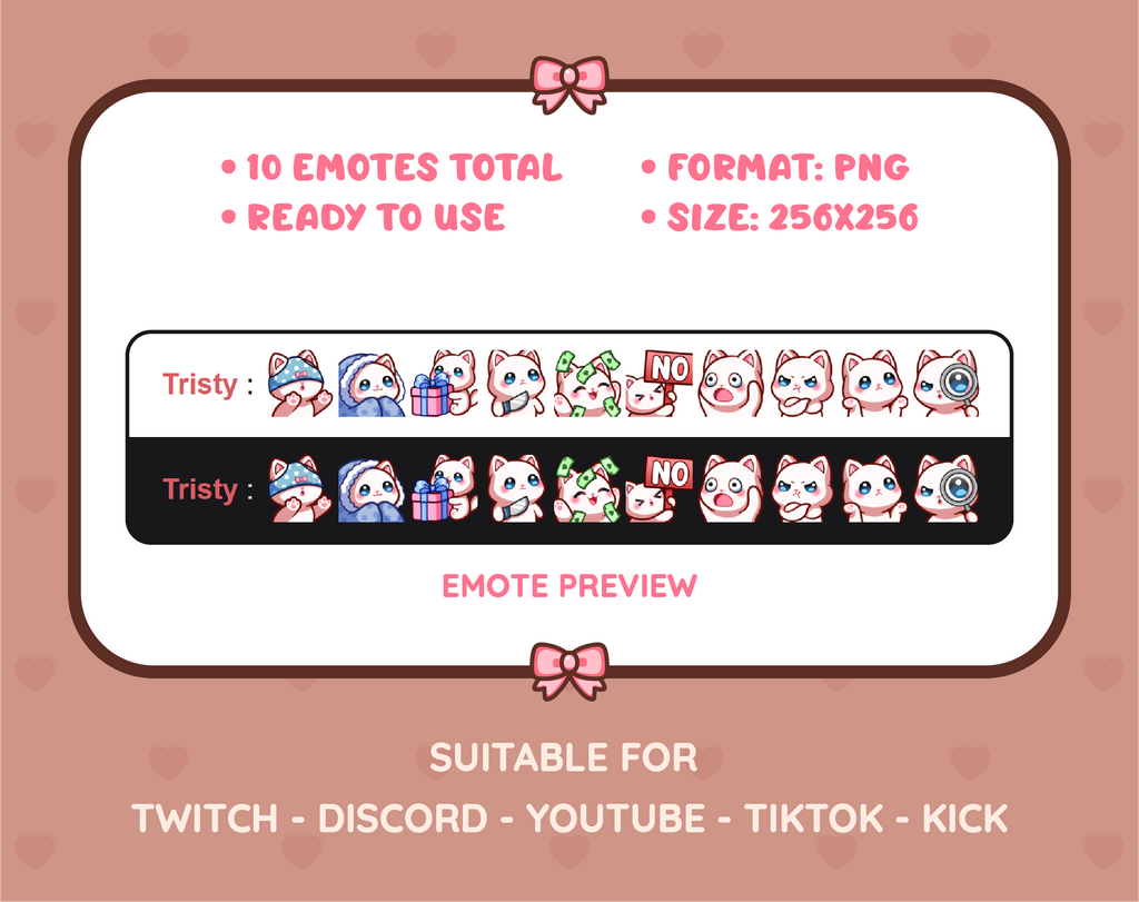 White Cat Twitch emote pack preview displaying all 10 emotes with format and size information.