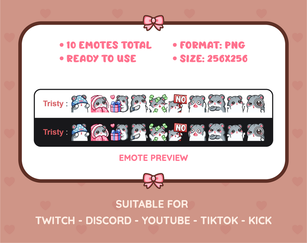 Gray Hamster Twitch emote pack preview displaying all 10 emotes with format and size information.