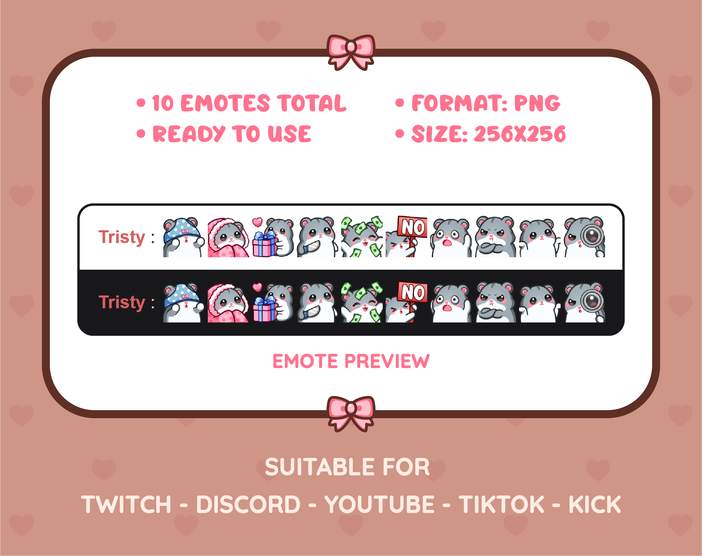 Gray Hamster Twitch emote pack preview displaying all 10 emotes with format and size information.
