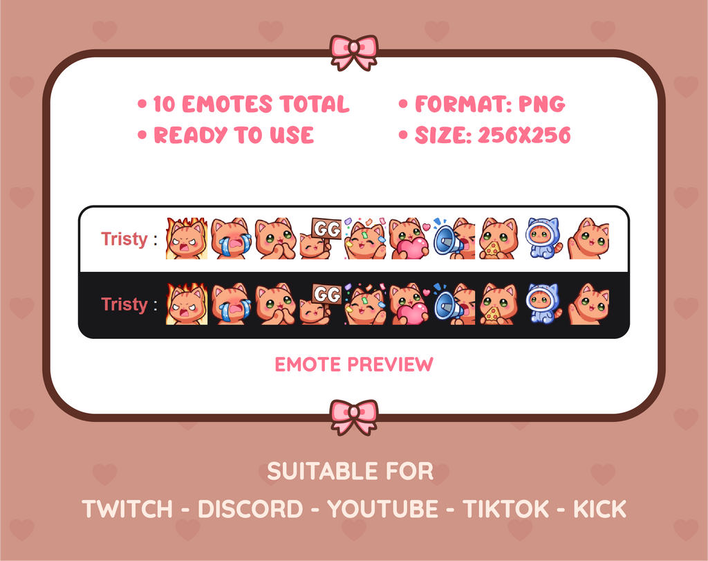 Orange Tabby Cat Twitch emote pack preview displaying all 10 emotes with format and size information.