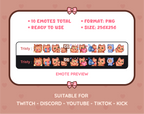 Orange Tabby Cat Twitch emote pack preview displaying all 10 emotes with format and size information.