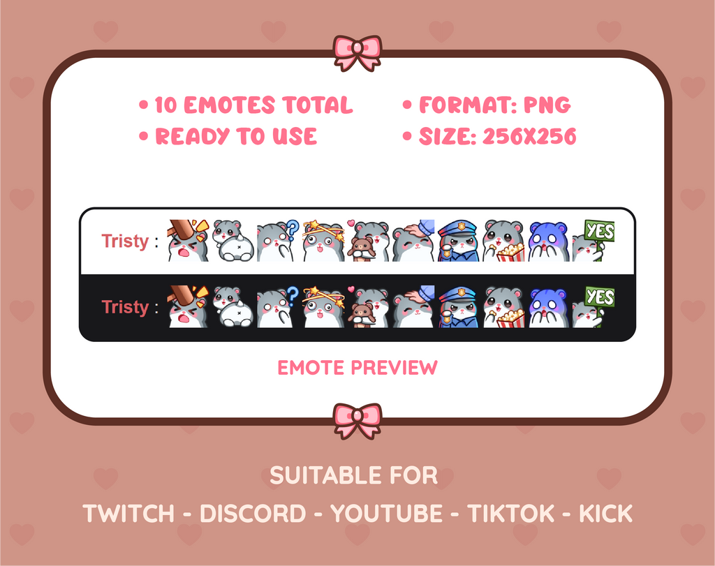 Gray Hamster Twitch emote pack preview displaying all 10 emotes with format and size information.