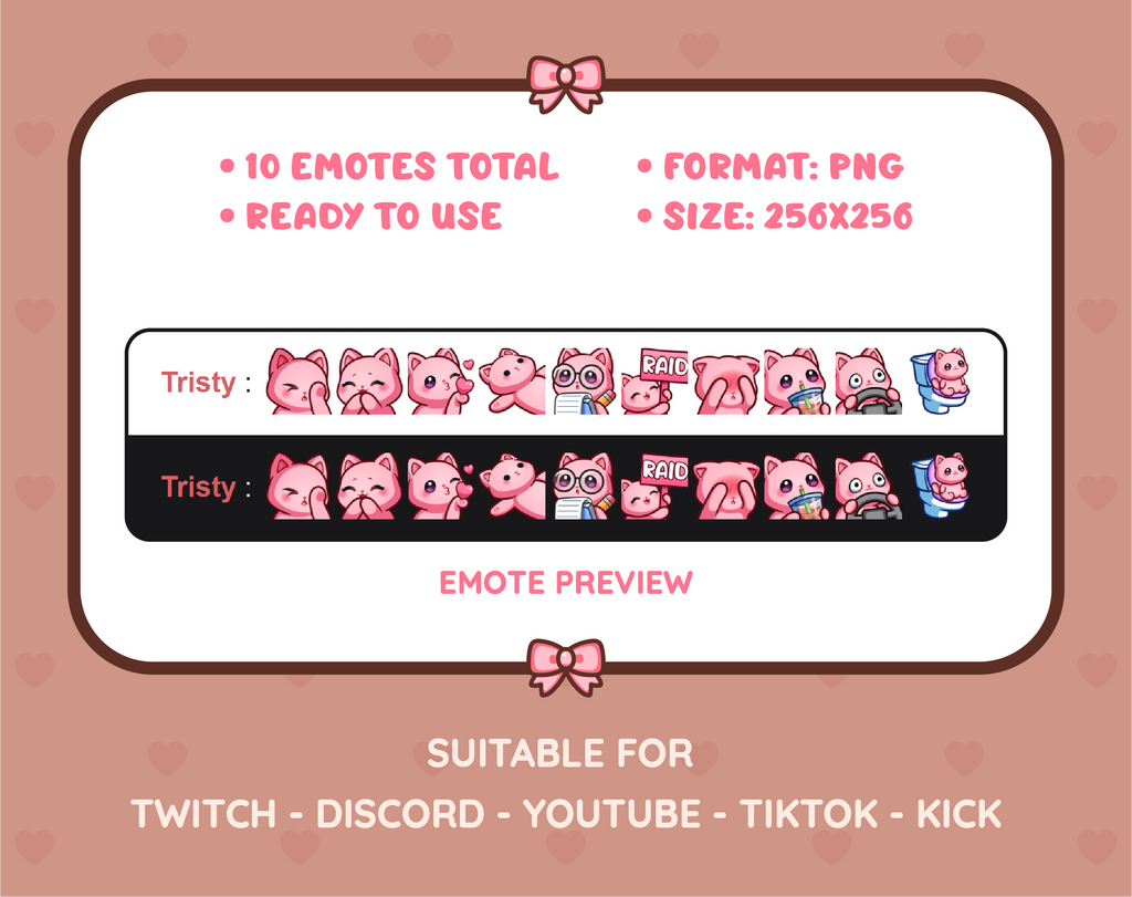 Pink Cat Twitch emote pack preview displaying all 10 emotes with format and size information.