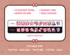 Pink Cat Twitch emote pack preview displaying all 10 emotes with format and size information.