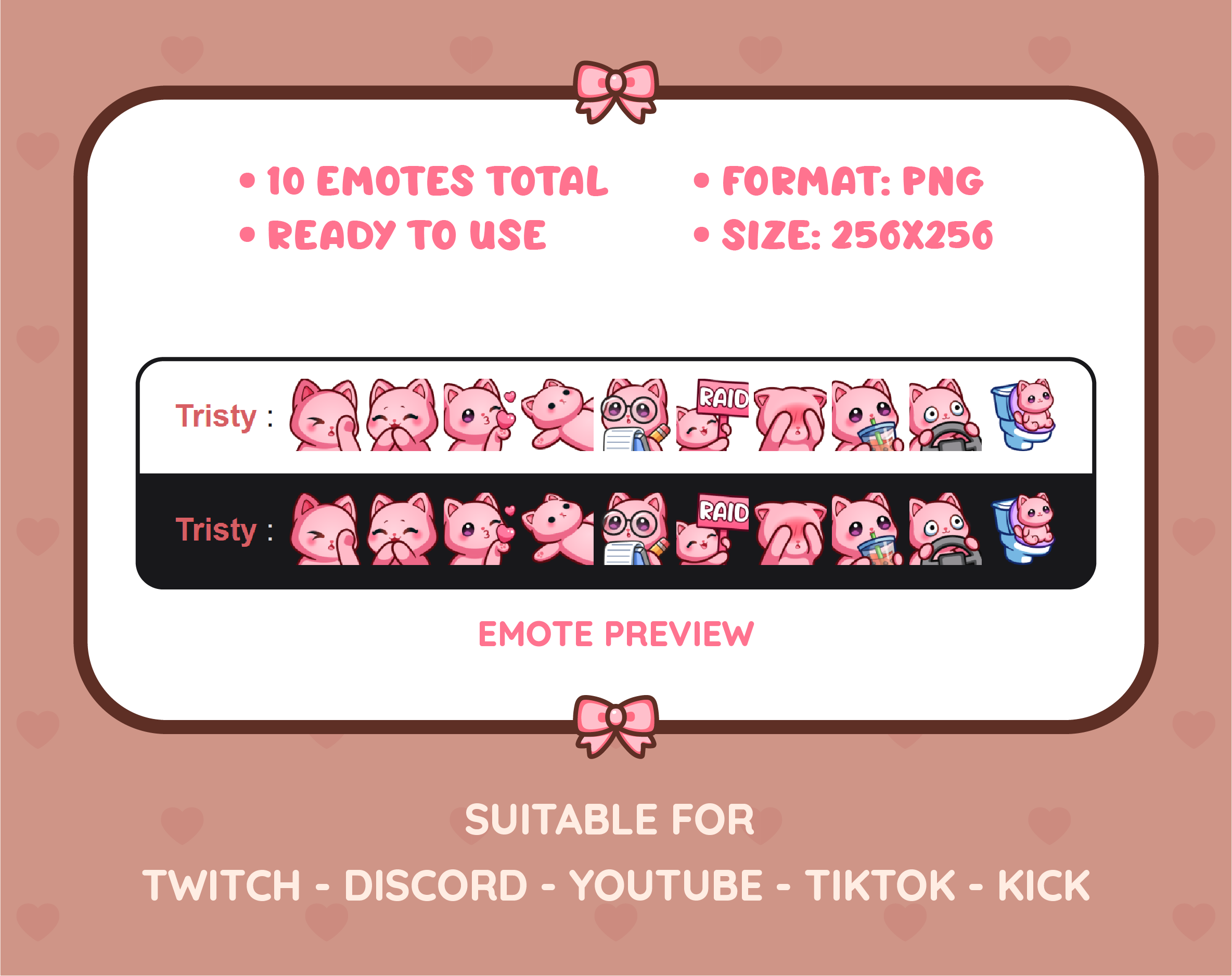 Pink Cat Twitch emote pack preview displaying all 10 emotes with format and size information.