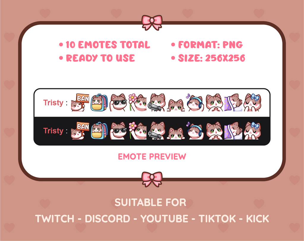 Brown and White Cat Twitch emote pack preview displaying all 10 emotes with format and size information.
