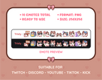 Brown and White Cat Twitch emote pack preview displaying all 10 emotes with format and size information.