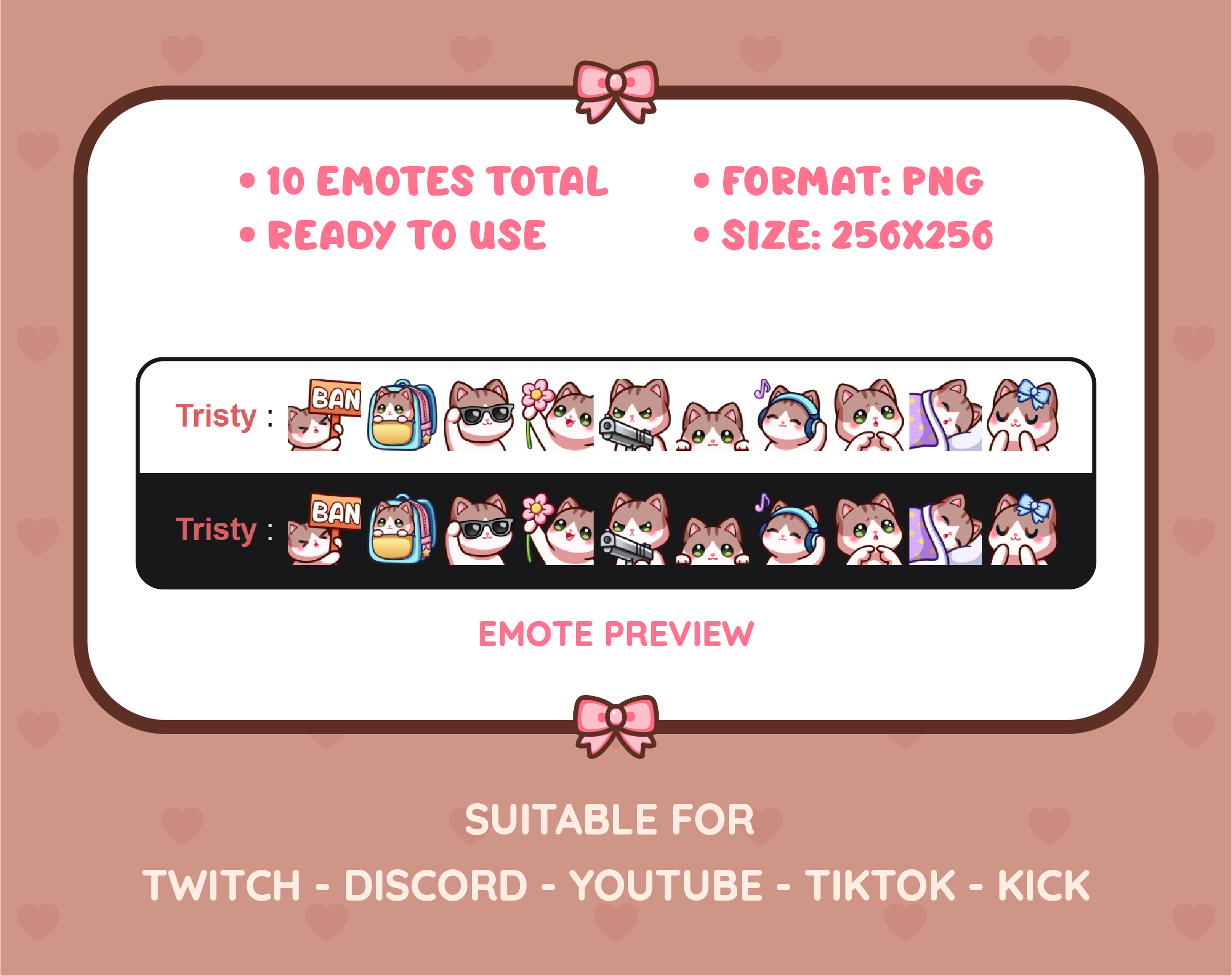 Brown and White Cat Twitch emote pack preview displaying all 10 emotes with format and size information.