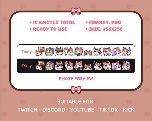 Brown and White Cat Twitch emote pack preview displaying all 10 emotes with format and size information.
