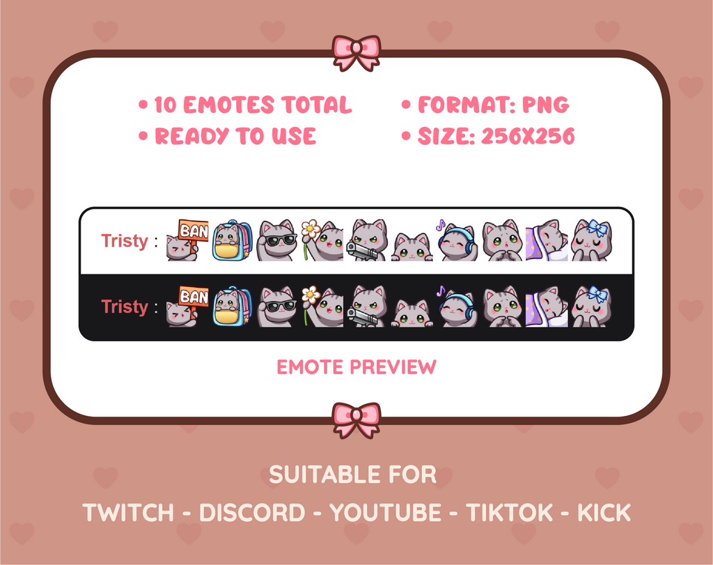 Gray Tabby Cat Twitch emote pack preview displaying all 10 emotes with format and size information.