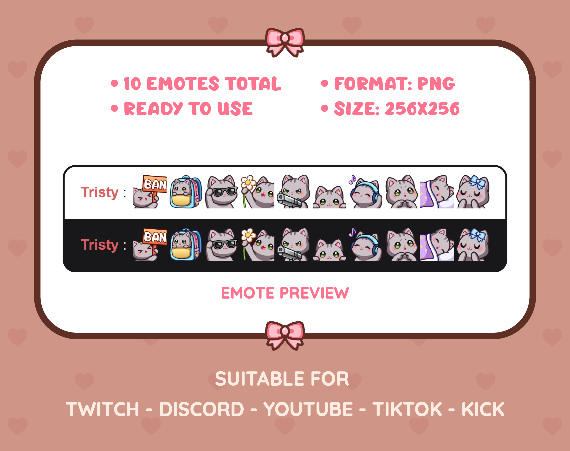 Gray Tabby Cat Twitch emote pack preview displaying all 10 emotes with format and size information.
