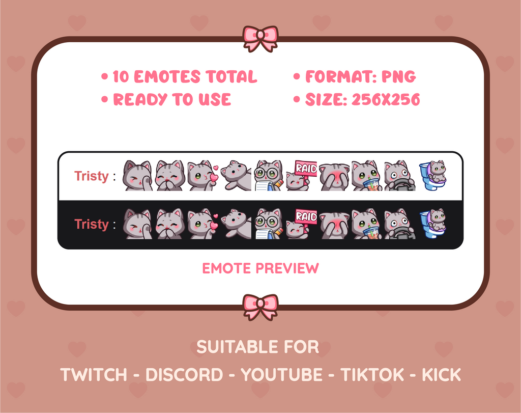 Gray Tabby Cat Twitch emote pack preview displaying all 10 emotes with format and size information.