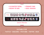 Gray Tabby Cat Twitch emote pack preview displaying all 10 emotes with format and size information.