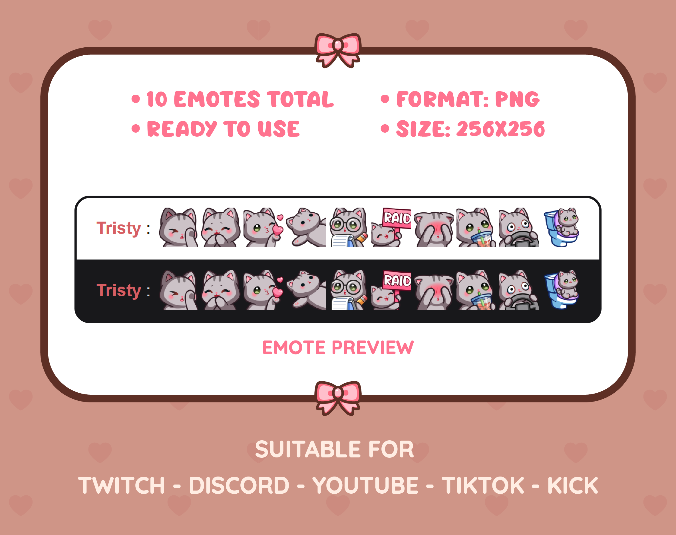 Gray Tabby Cat Twitch emote pack preview displaying all 10 emotes with format and size information.