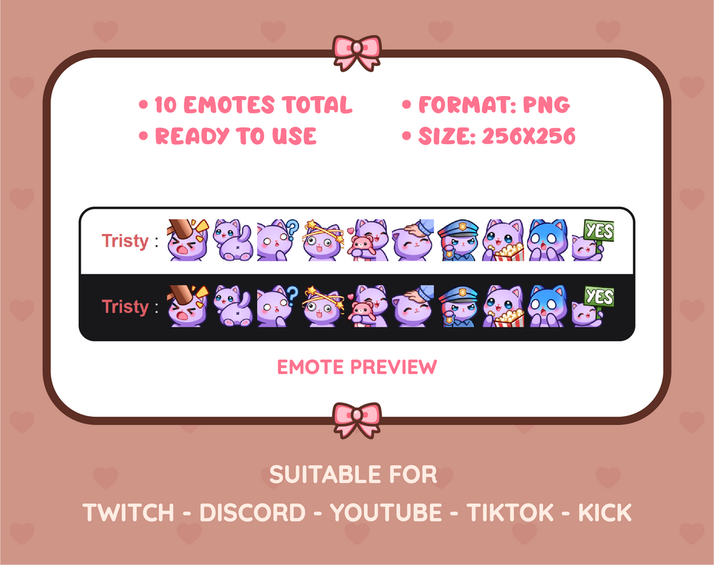 Purple Cat Twitch emote pack preview displaying all 10 emotes with format and size information.