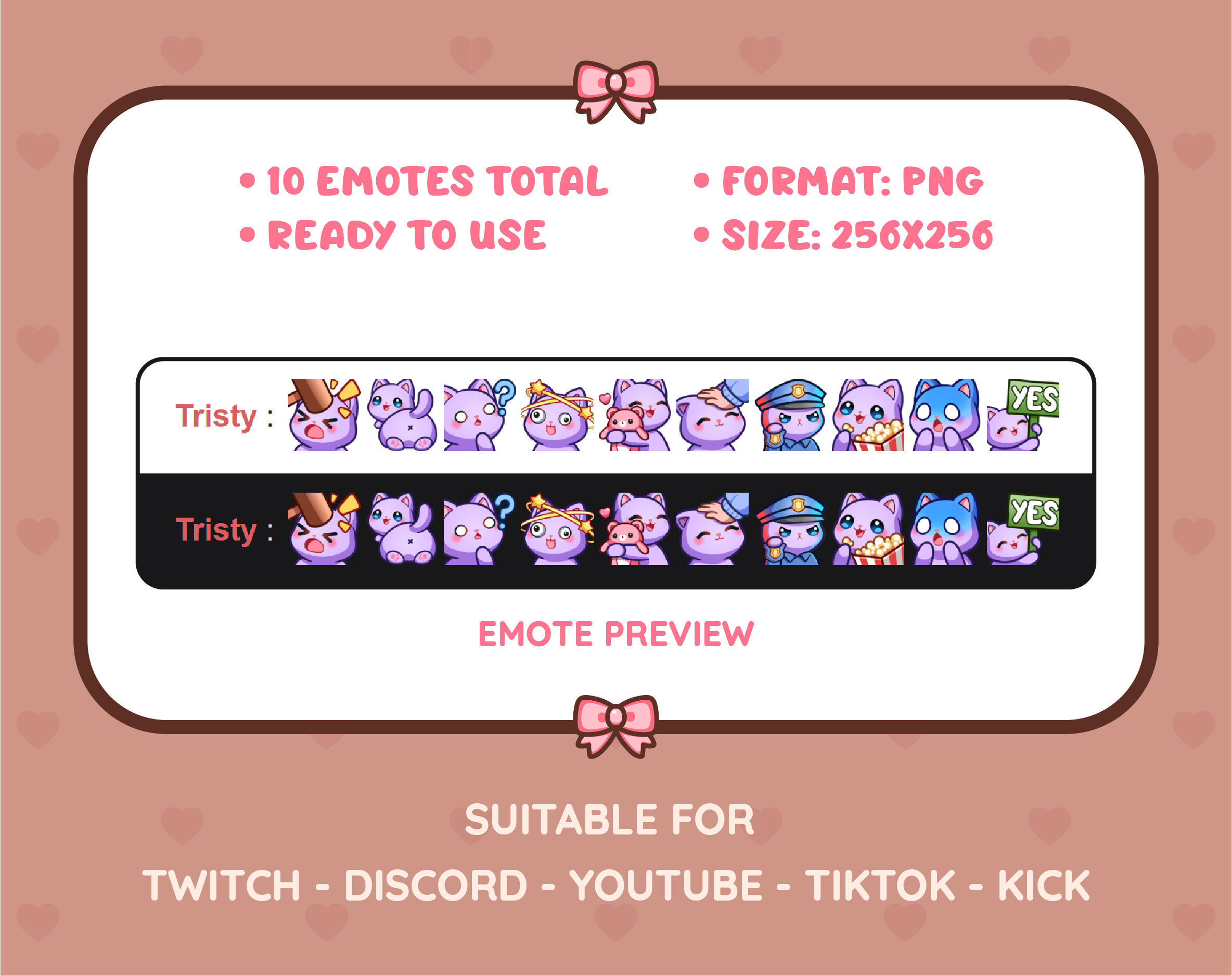 Purple Cat Twitch emote pack preview displaying all 10 emotes with format and size information.
