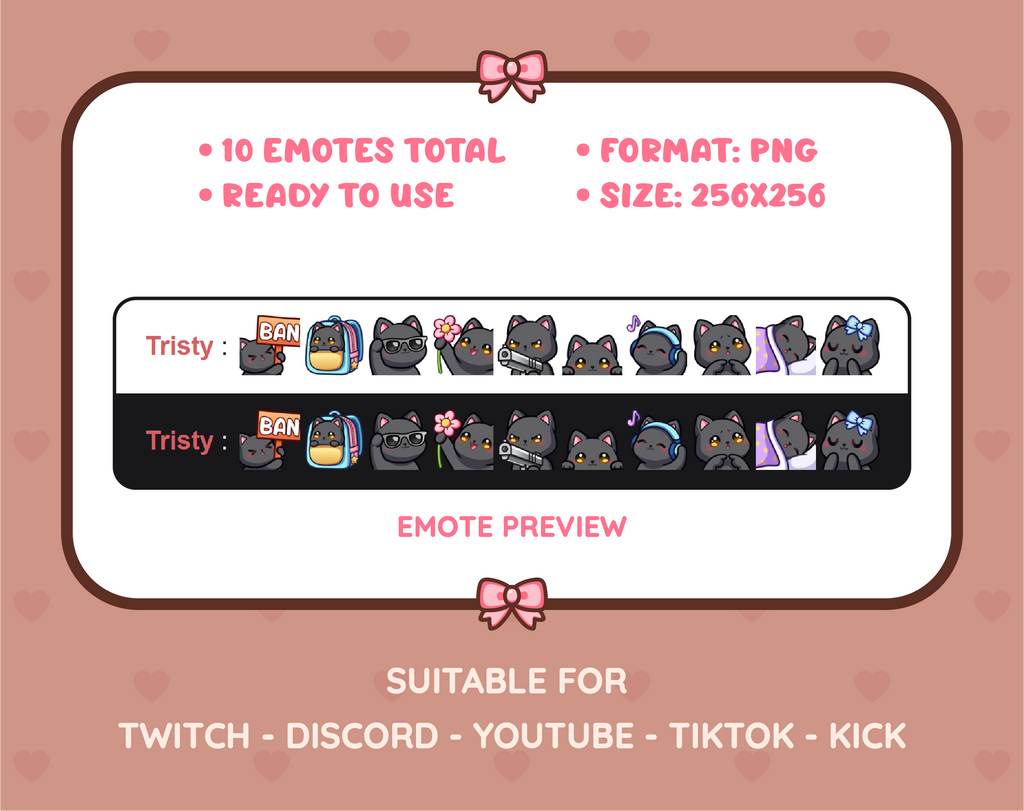 Black Cat Twitch emote pack preview displaying all 10 emotes with format and size information.