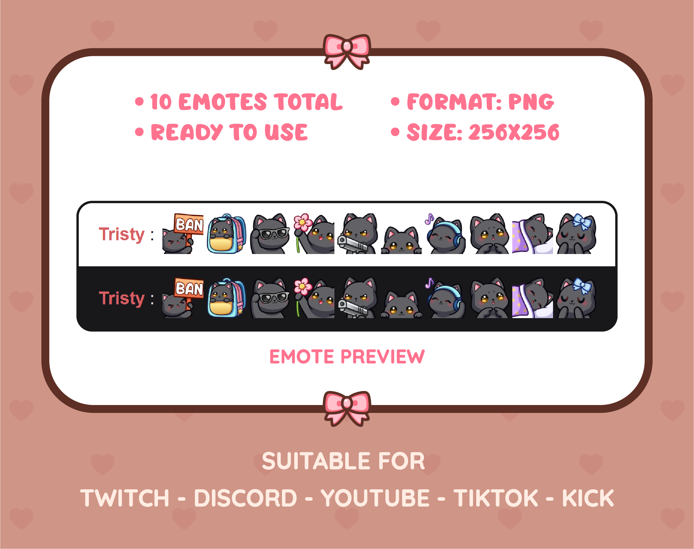 Black Cat Twitch emote pack preview displaying all 10 emotes with format and size information.