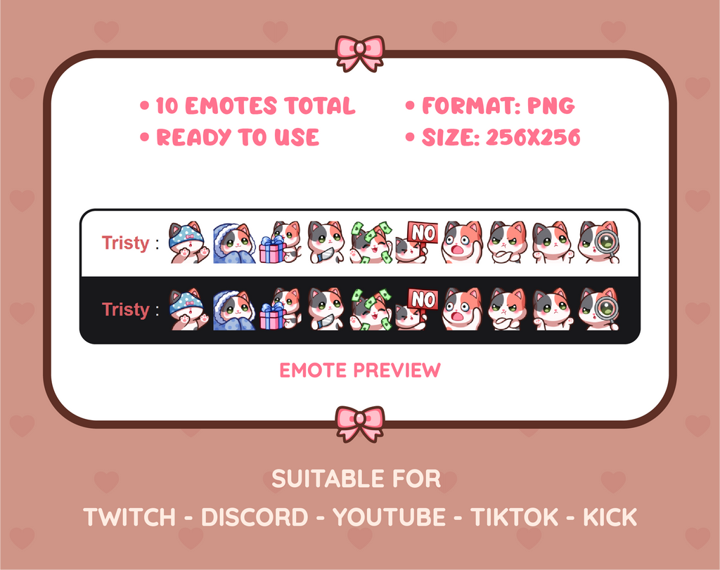 Calico Cat Twitch emote pack preview displaying all 10 emotes with format and size information.
