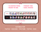Calico Cat Twitch emote pack preview displaying all 10 emotes with format and size information.