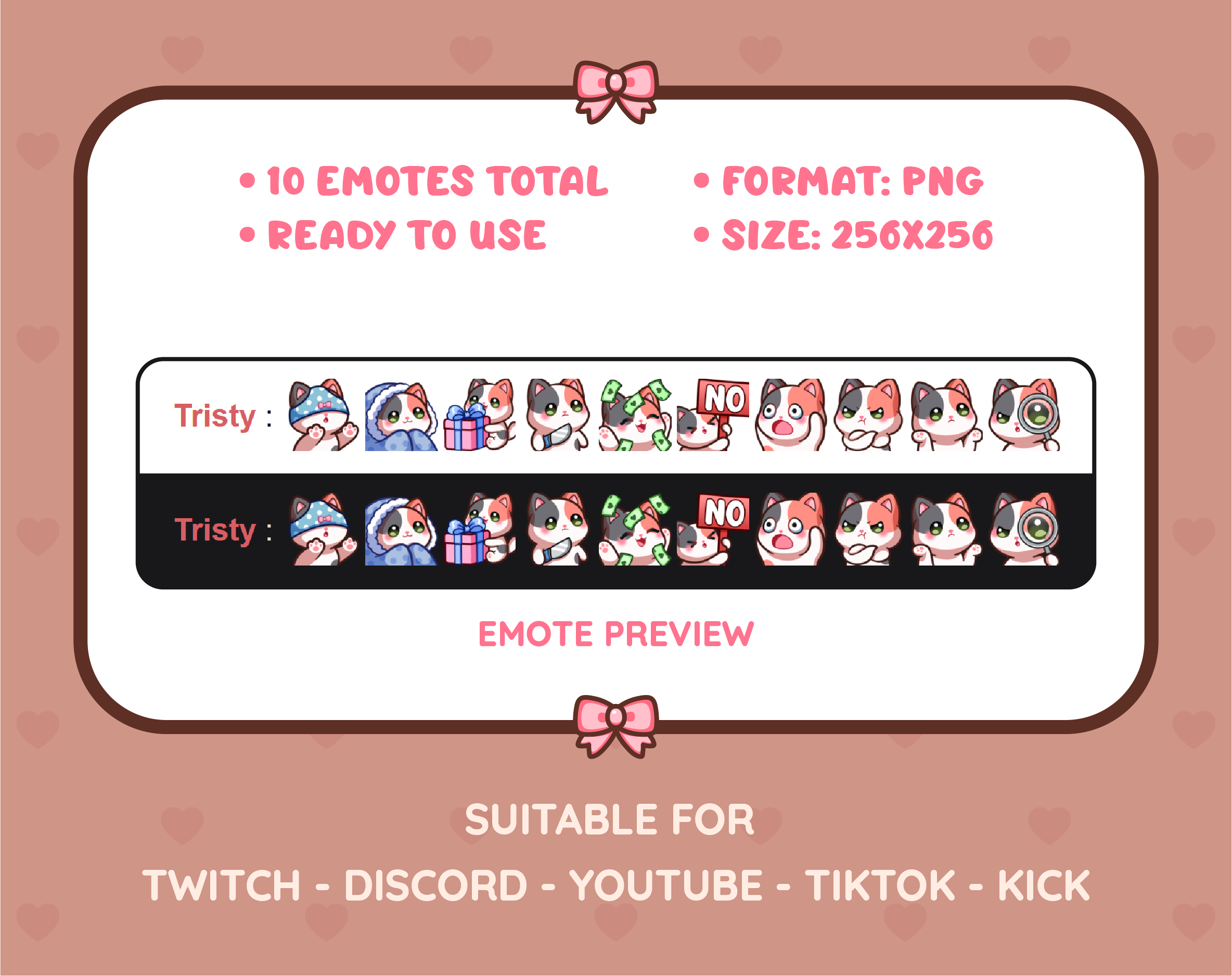 Calico Cat Twitch emote pack preview displaying all 10 emotes with format and size information.