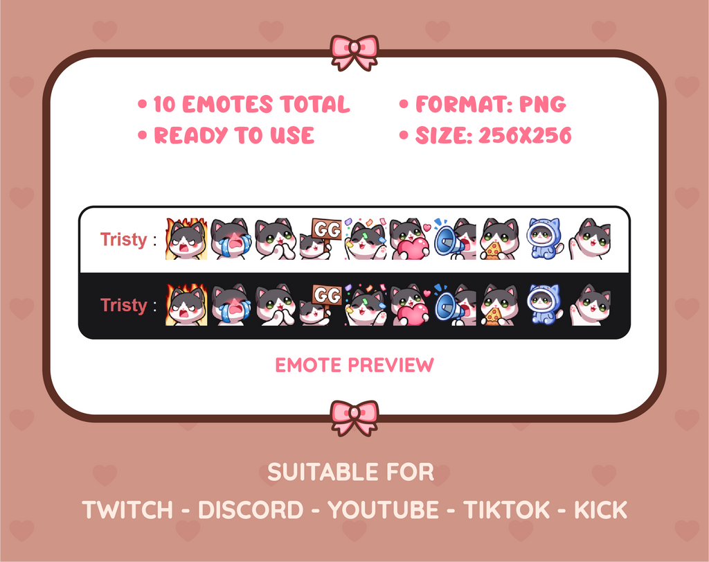 Black and White Cat Twitch emote pack preview displaying all 10 emotes with format and size information.
