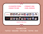 Black and White Cat Twitch emote pack preview displaying all 10 emotes with format and size information.