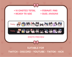 Black and White Cat Twitch emote pack preview displaying all 10 emotes with format and size information.