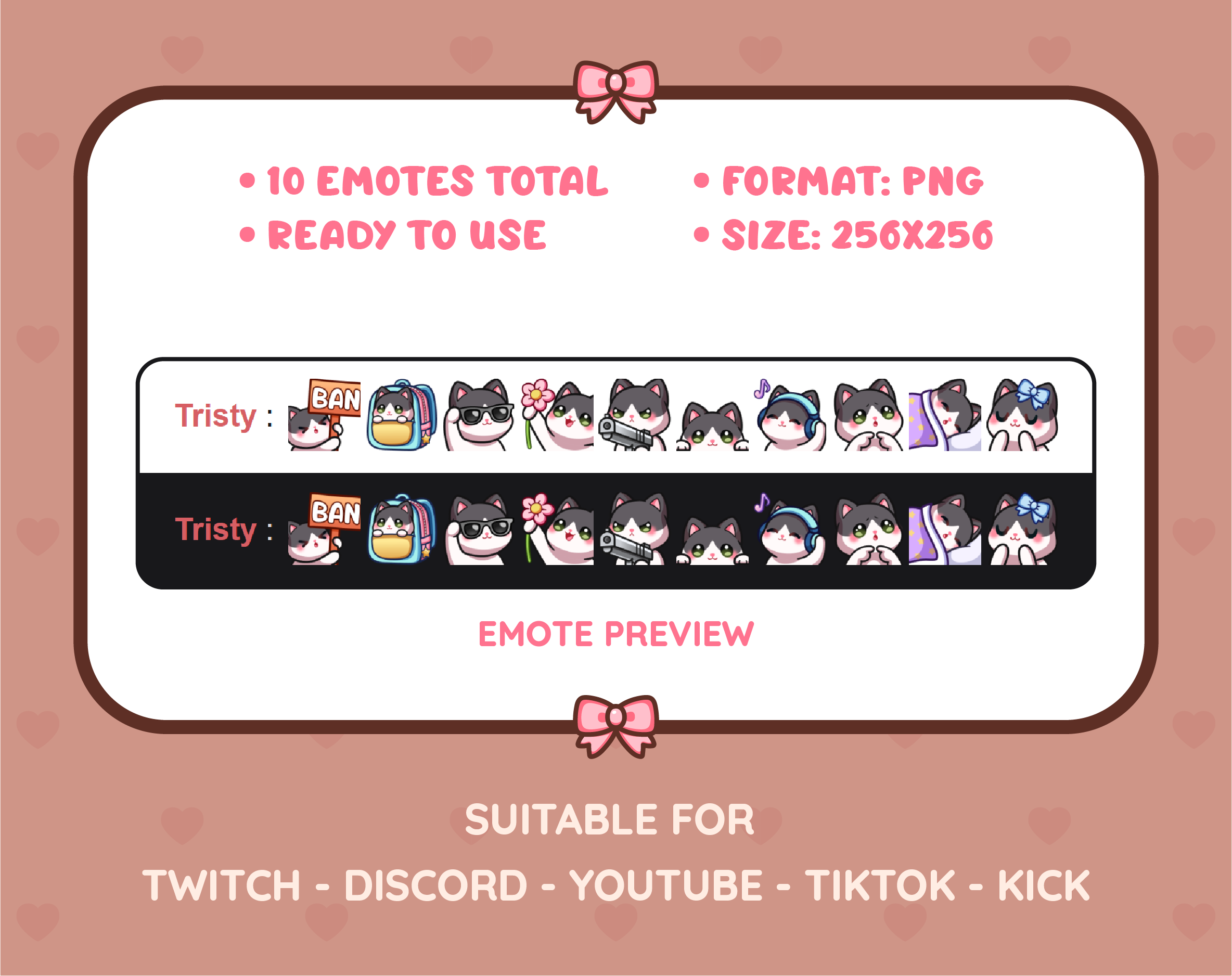 Black and White Cat Twitch emote pack preview displaying all 10 emotes with format and size information.