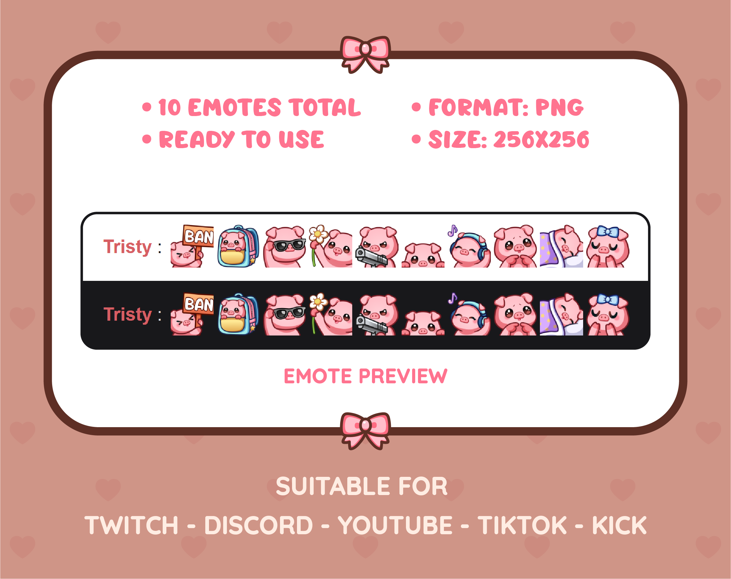 Pig Twitch emote pack preview displaying all 10 emotes with format and size information.