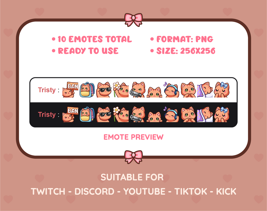 Orange Tabby Cat Twitch emote pack preview displaying all 10 emotes with format and size information.