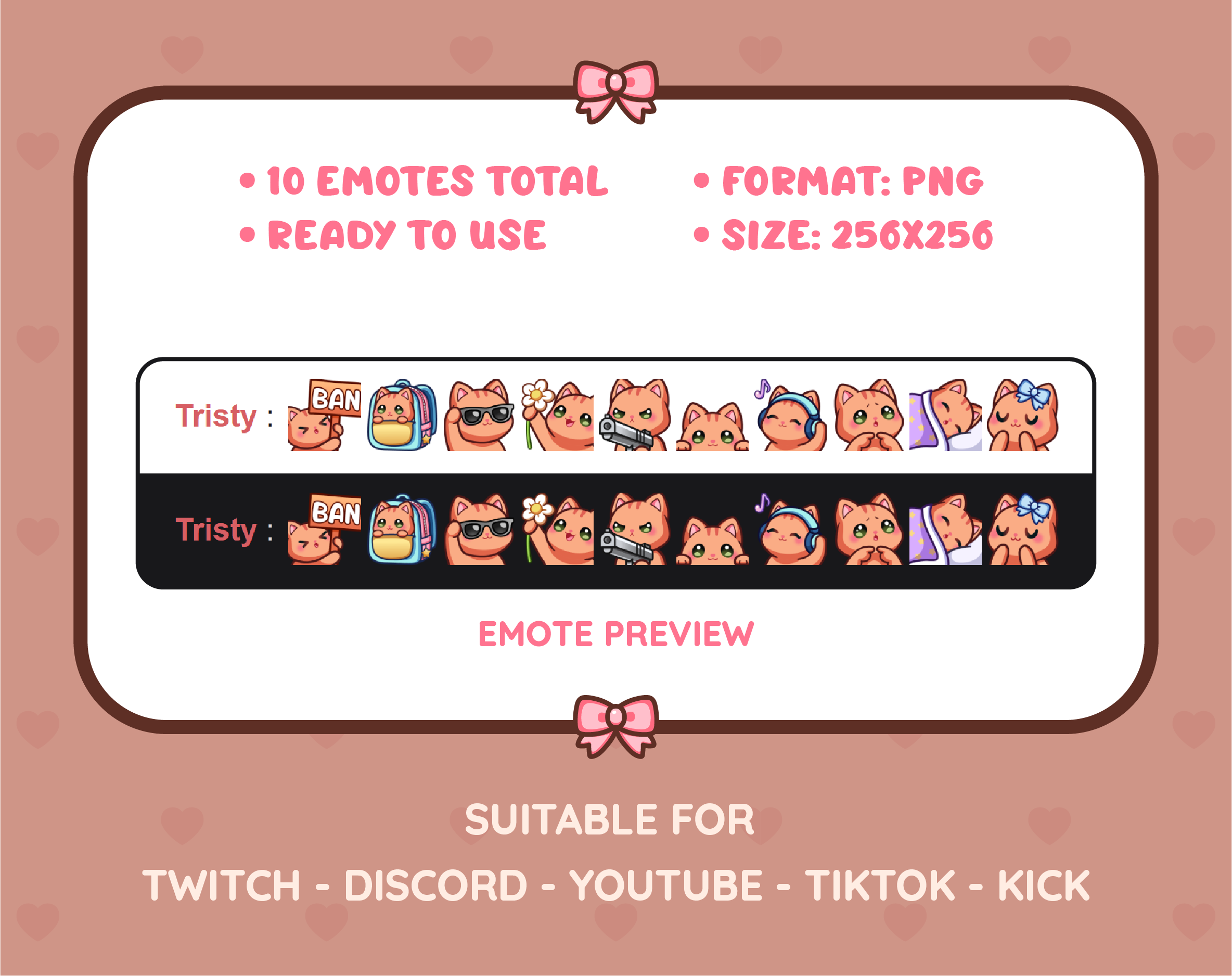 Orange Tabby Cat Twitch emote pack preview displaying all 10 emotes with format and size information.