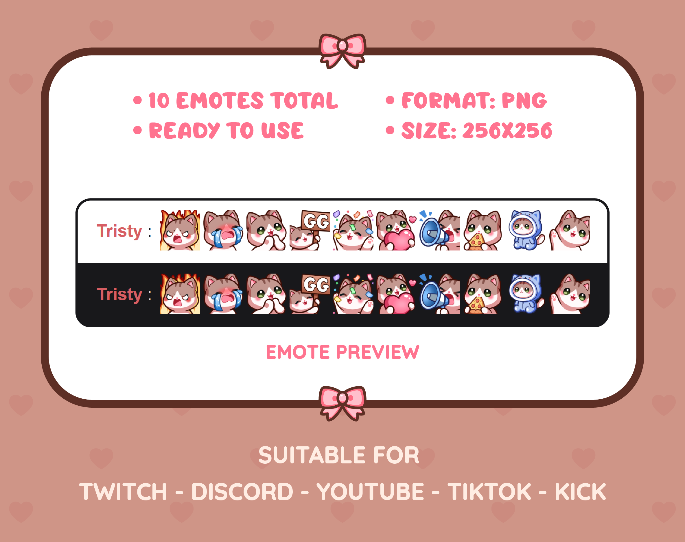 Brown and White Cat Twitch emote pack preview displaying all 10 emotes with format and size information.