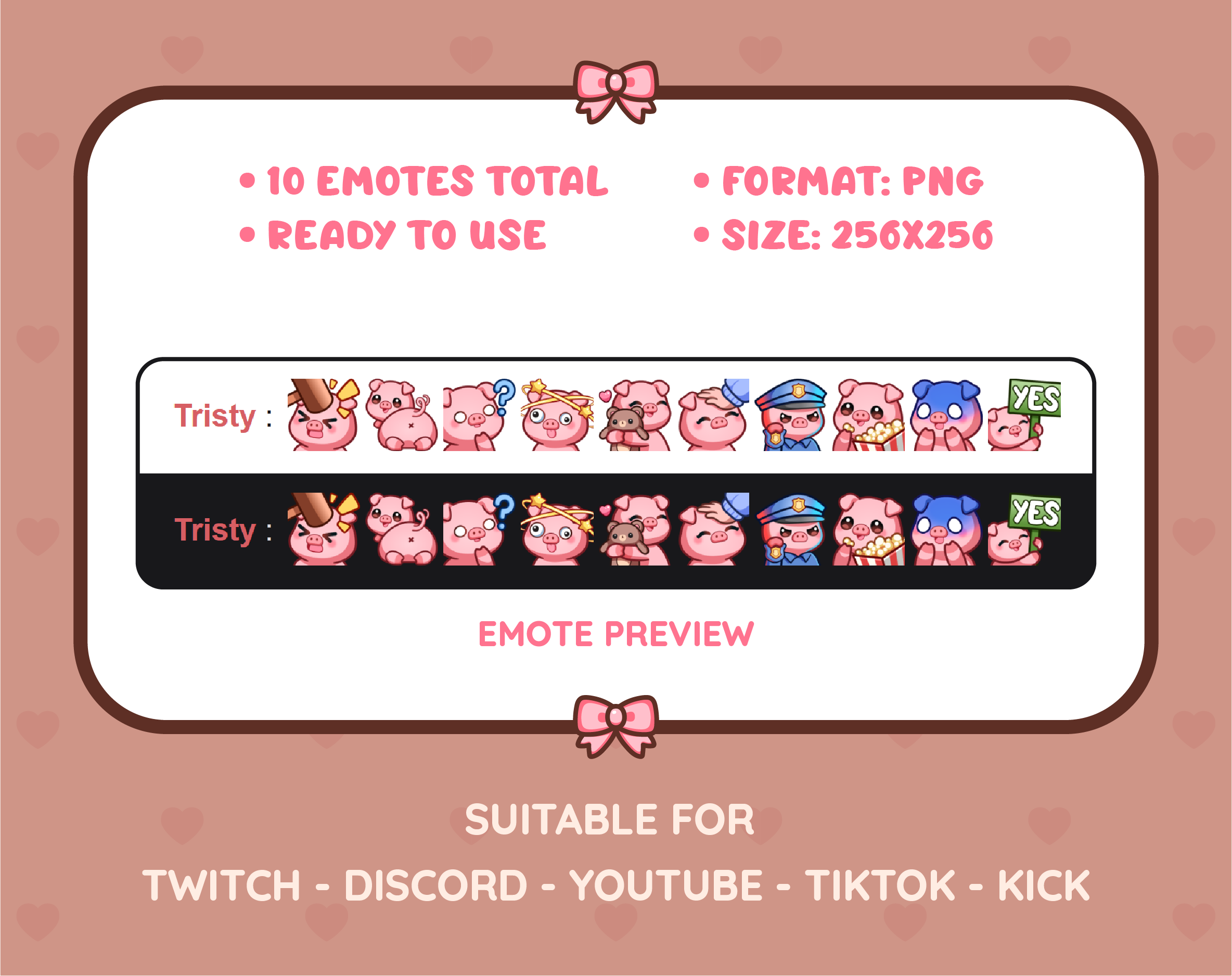 Pig Twitch emote pack preview displaying all 10 emotes with format and size information.
