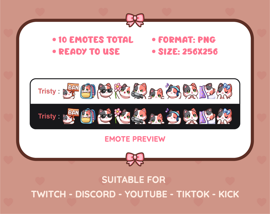 Calico Cat Twitch emote pack preview displaying all 10 emotes with format and size information.