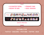 Calico Cat Twitch emote pack preview displaying all 10 emotes with format and size information.