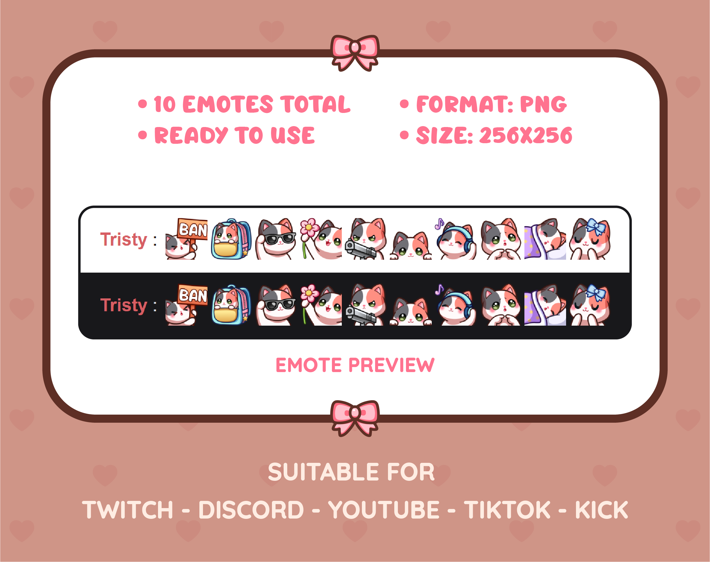 Calico Cat Twitch emote pack preview displaying all 10 emotes with format and size information.
