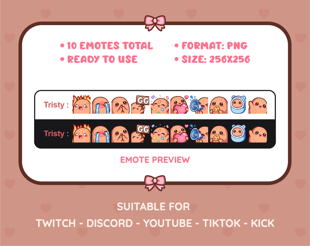 Potato Twitch emote pack preview displaying all 10 emotes with format and size information.