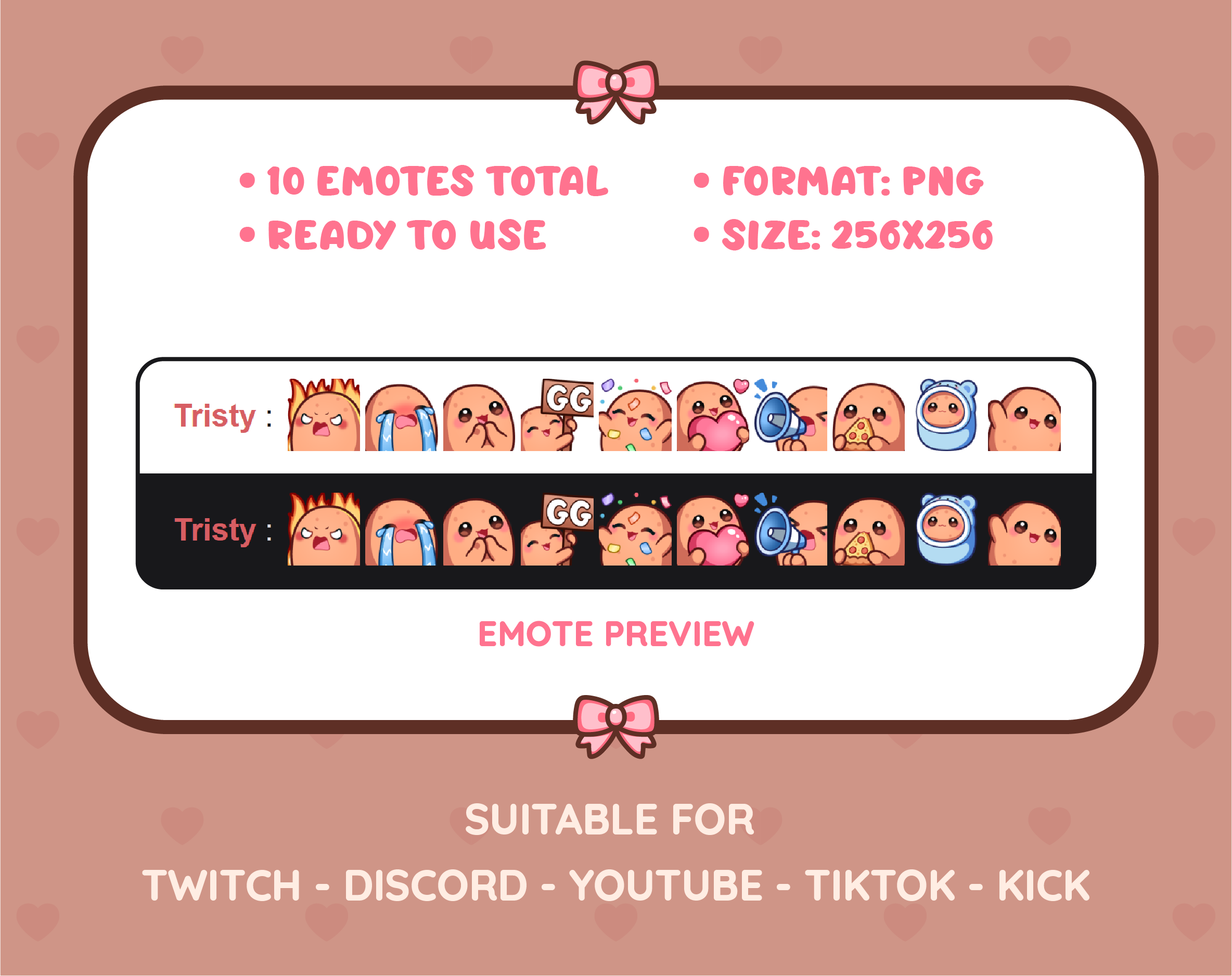 Potato Twitch emote pack preview displaying all 10 emotes with format and size information.