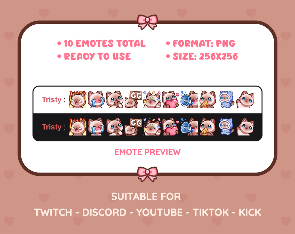 Siamese Cat Twitch emote pack preview displaying all 10 emotes with format and size information.