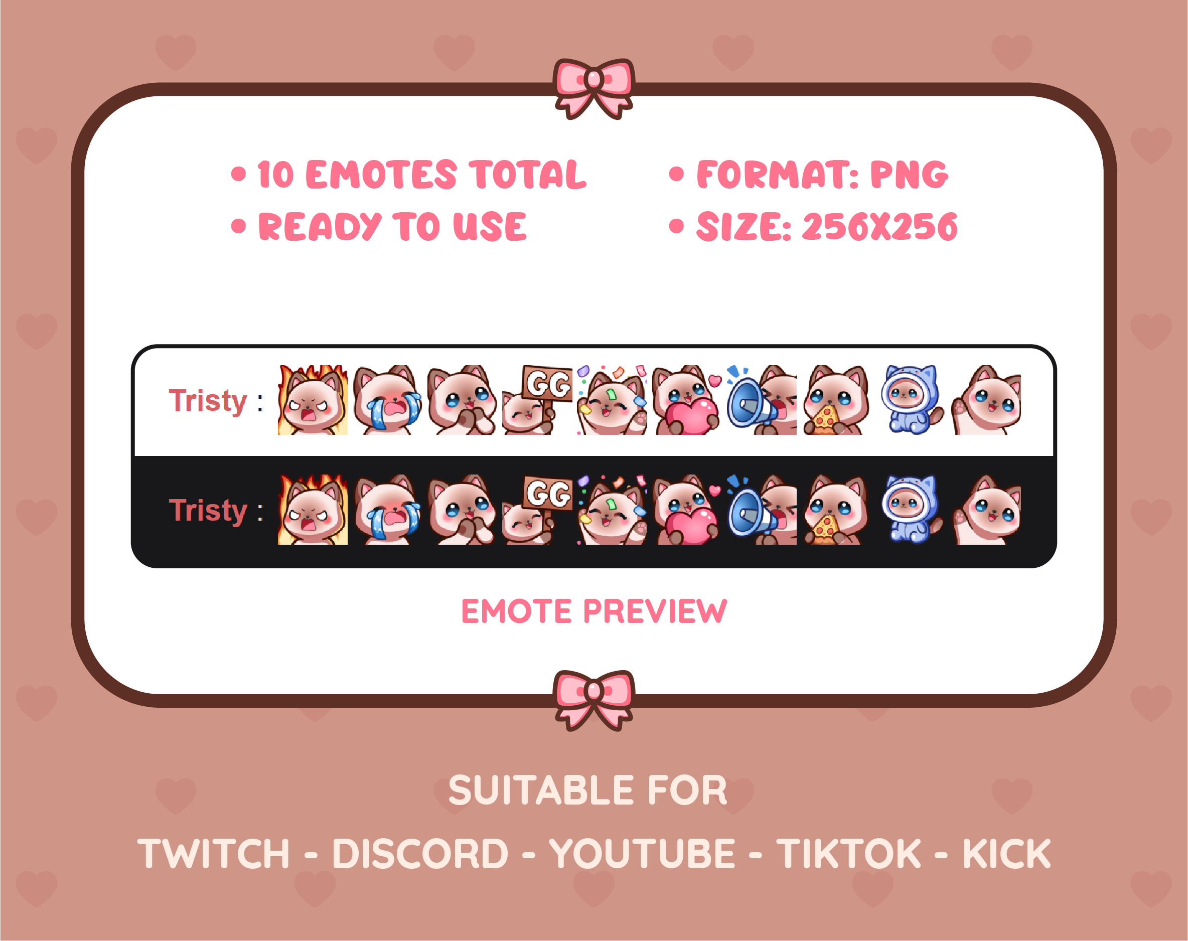 Siamese Cat Twitch emote pack preview displaying all 10 emotes with format and size information.