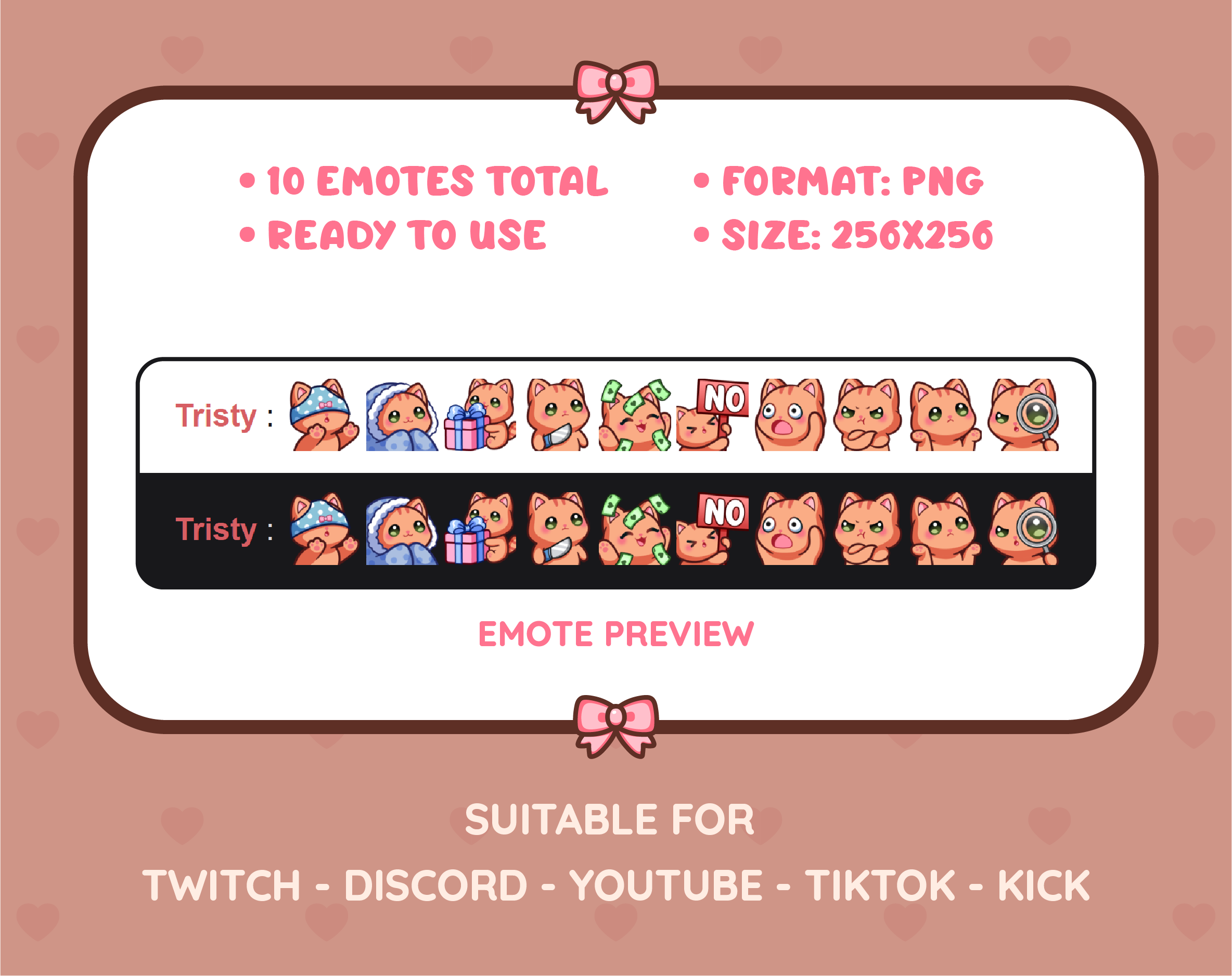 Orange Tabby Cat Twitch emote pack preview displaying all 10 emotes with format and size information.