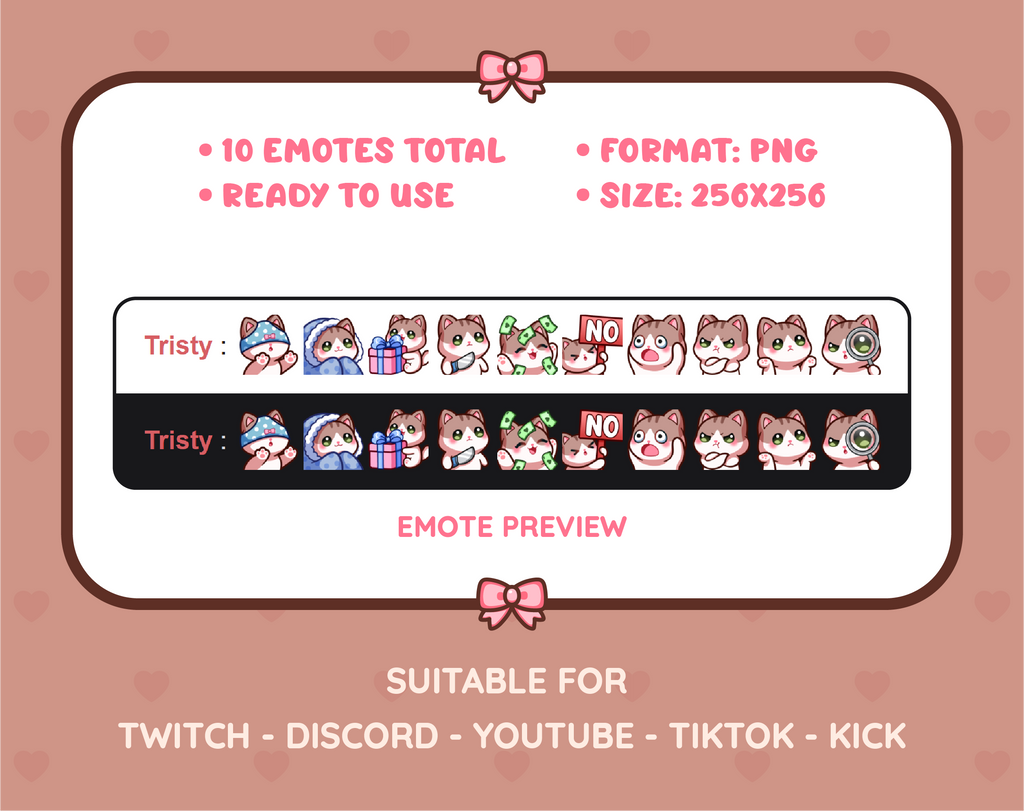 Brown and White Cat Twitch emote pack preview displaying all 10 emotes with format and size information.