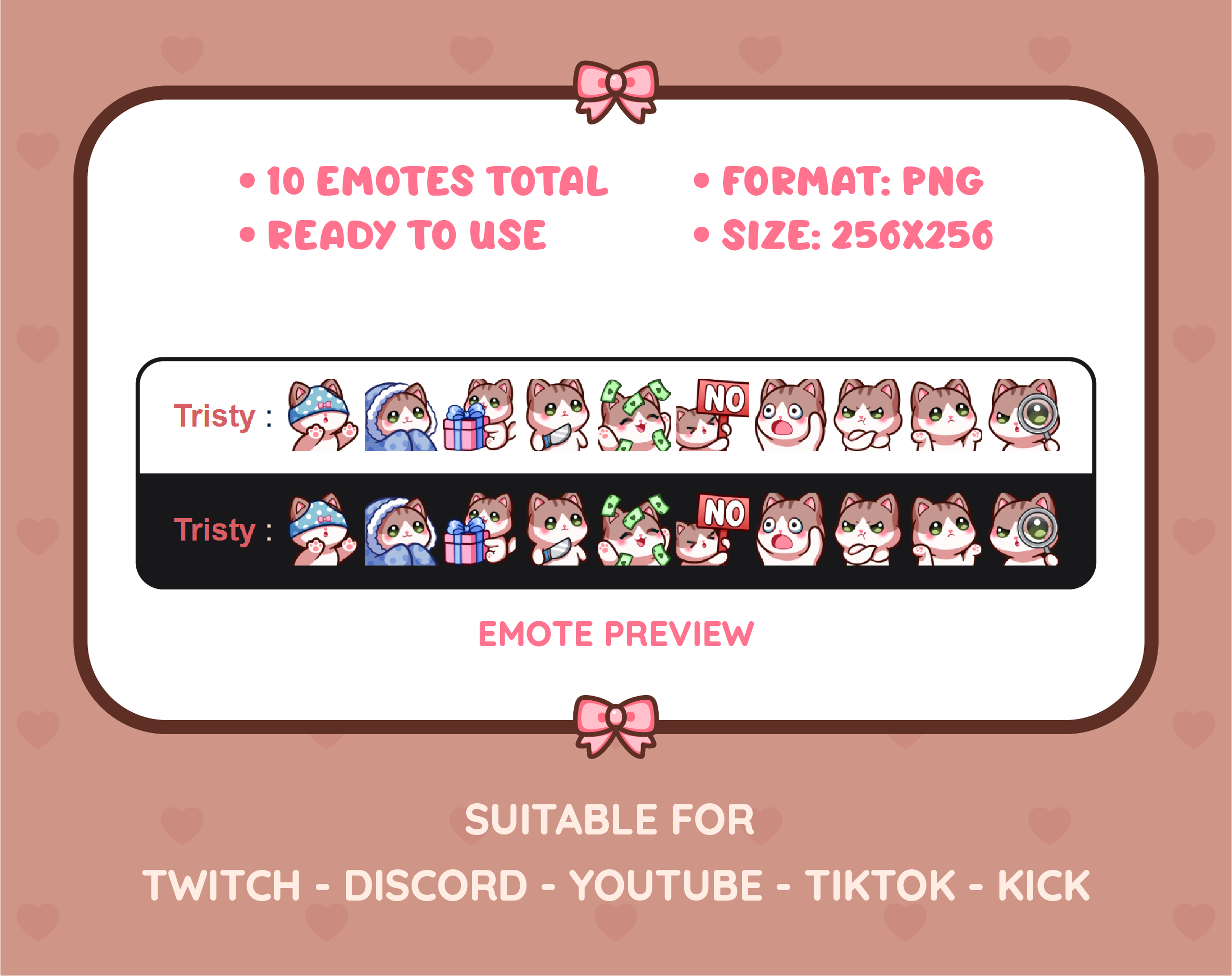 Brown and White Cat Twitch emote pack preview displaying all 10 emotes with format and size information.
